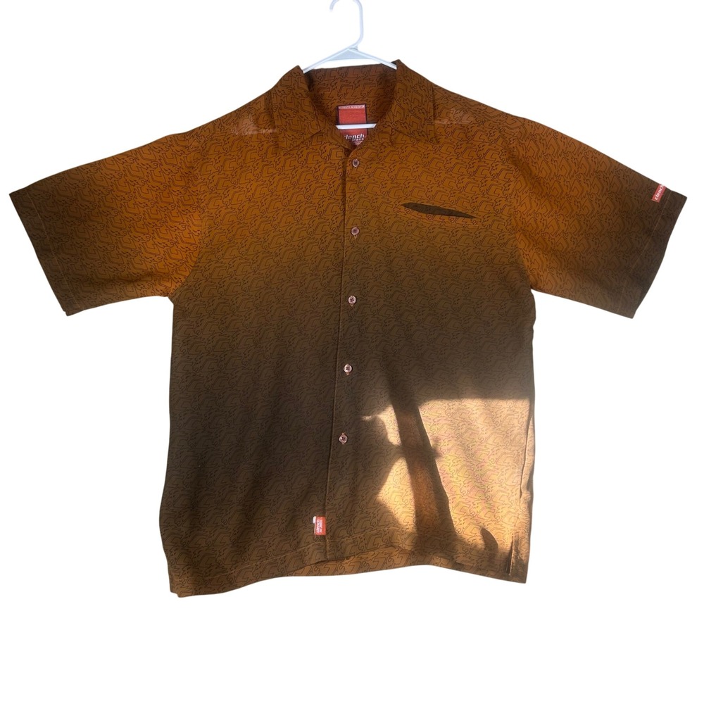 Clench 701 Jeans Mens Large Short Sleeve Button Up Shirt Brown Ombre Logo Print